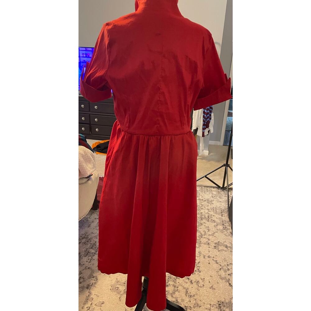Lindy Bop Red 100% Silk 50s Vintage Style Midi Dress Pockets Size 14 - Picture 4 of 5